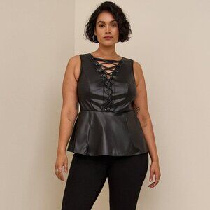 TORRID Women's Black Peplum Faux Leather Lace Up Top Size 5x NEW
